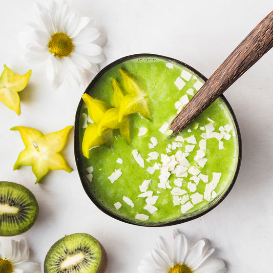 Kiwi Fruit and Pear Smoothie Bowl in a Coconut Bowl