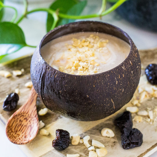 Salted caramel smoothie in a coconut cup